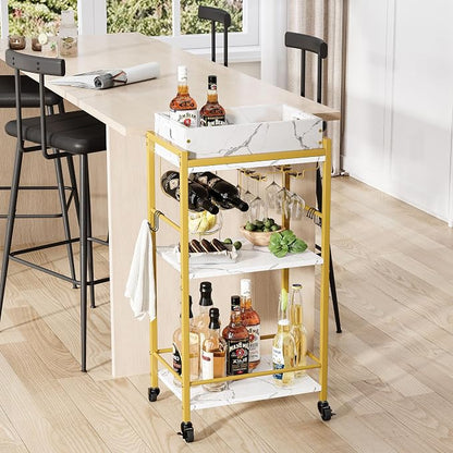 3-Tier Gold Bar Cart with Removable Tray, Small Bar Carts with Wheels, Rolling Beverage Cart, Drink Cart, Gold Wine Cart with Wine Rack for Kitchen, Living Room GBC513G