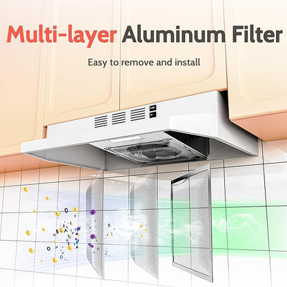 FIREGAS 24 inch Range Hood, 300CFM Ducted/Ductless Convertible Under Cabinet Range Hood in White Painted Stainless Steel with 2 watt LED Light and Filter, 2 fan speeds,hassle-free installation