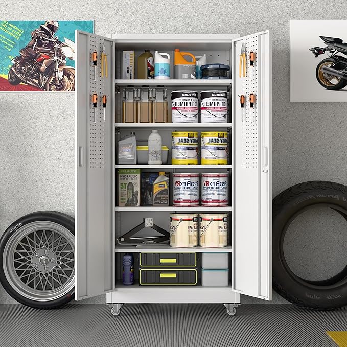 Aobabo Metal Storage Cabinet with Wheels, Steel Locking Cabinet with Pegboard Doors, Garage Cabinet for Office Pantry, 5 Adjustable Shelves, 16" D x 32" W x 71" H,Required-Assembly,White