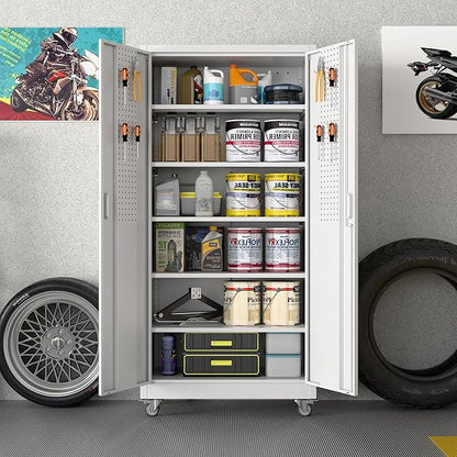 Aobabo Metal Storage Cabinet with Wheels, Steel Locking Cabinet with Pegboard Doors, Garage Cabinet for Office Pantry, 5 Adjustable Shelves, 16" D x 32" W x 71" H,Required-Assembly,White
