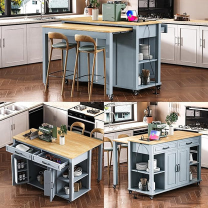 Ball & Cast Kitchen Island with Extendable Dining Table,Rubber Wood Veneer Kitchen Table W/Internal Storage Rack,Power Outlet & USB Ports,Kitchen Cart On Wheels W/2 Drawers & 2 Cabinets,Grey Blue,47"
