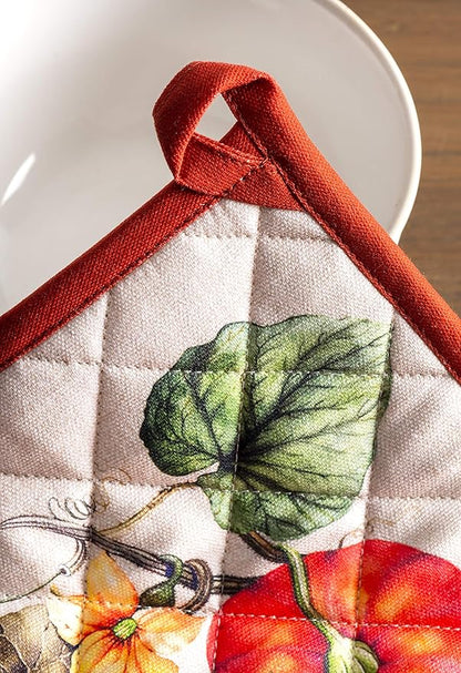 Maison d' Hermine Pot Holders Set 100% Cotton Heat Resistant Potholders 8" x 8" Hot Pads with Loop for Thanksgiving Christmas Decorations BBQ Cooking Baking Handling Hot Pans (Pack of 2, Potiron)