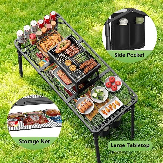 Raynesys Portable Folding Grill Table for Outside for Picnic, Camping | 3 Height Adjustable Small Camping Table with Mesh Bag, Metal Aluminum Folding Table, 35.43x15.75 inches, Black