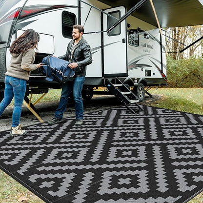 GENIMO Outdoor Rug, Waterproof Plastic Rugs for Patio, 10'x10' Black Grey | Outside Larger Modern Carpet Mat for Porch Decor, Deck, Camping, RV, Backyard, Balcony, Picnic, Beach, Reversible, Foldable