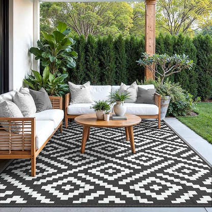 GENIMO Outdoor Rugs 8x10 Waterproof, Reversible Mats, Area Plastic Straw Rug, Outside Carpet, Geometric Rv Mat for Patio Camping Picnic Backyard Deck Balcony Porch Beach Trailer (Black & White) | Outside Larger Modern Carpet Mat for Porch Decor, Deck, ...