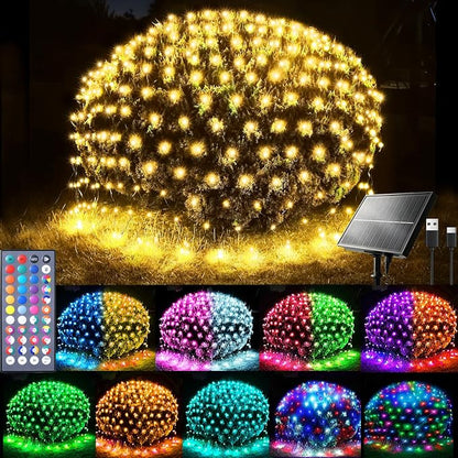 6.5ft x 6.5ft Solar Net Lights, 120LED 34 Colors Changing Christmas Net Lights Solar & USB Powered, Waterproof Mesh String Lights Green Wire for Bushes Tree Patio Xmas Holiday Party Outdoor Decor