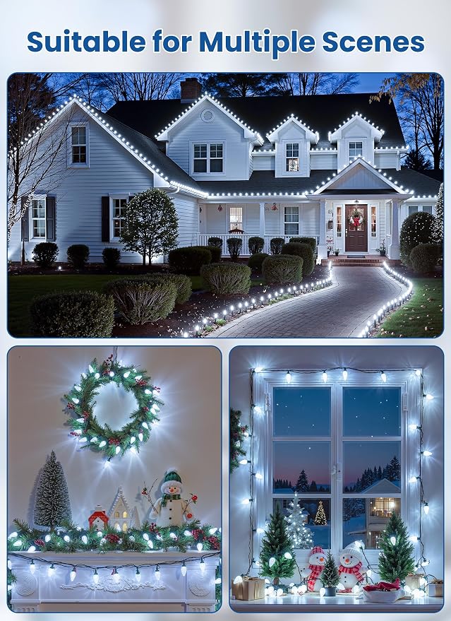 C9 LED Christmas Lights Outdoor, 68 Feet 100 LED Strawberry String Lights with 100 Spring Clamps, Waterproof Commercial Grade Extendable for Outside Roofline Patio Home Xmas Decoration, Pure White