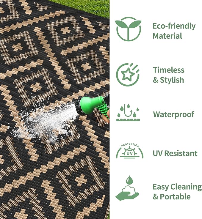 GENIMO Outdoor Rug, Waterproof Plastic Rugs for Patio, 6'x9' Mocha Brown | Outside Larger Modern Carpet Mat for Porch Decor, Deck, Balcony, Camping, RV, Backyard, Picnic, Beach, Reversible, Foldable