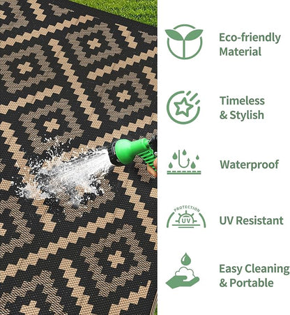 GENIMO Outdoor Rug, Waterproof Plastic Rugs for Patio, 6'x9' Mocha Brown | Outside Larger Modern Carpet Mat for Porch Decor, Deck, Balcony, Camping, RV, Backyard, Picnic, Beach, Reversible, Foldable