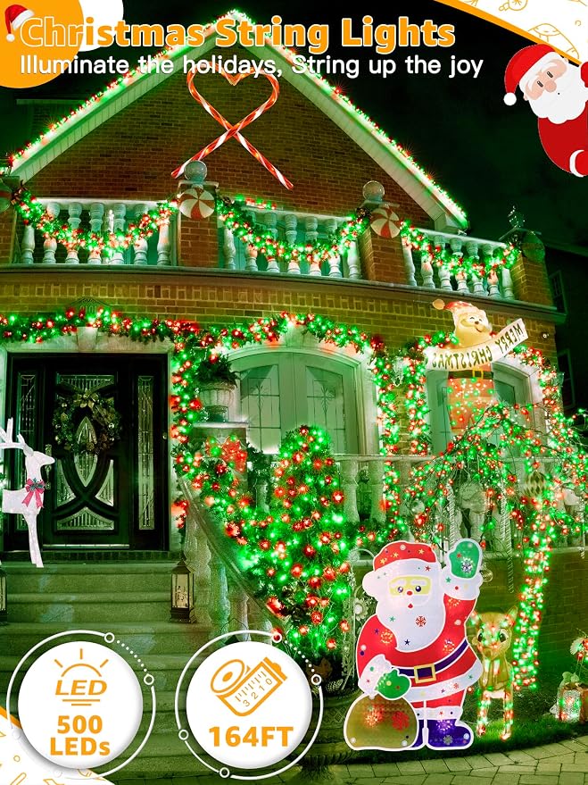 BrightChristmas 500 LED 164 FT Christmas Lights, Waterproof Outdoor String Lights with Remote and Timer, Christmas Tree Lights with 8 Modes Dimmable, Fairy Lights for Holiday Decor (Red and Green)