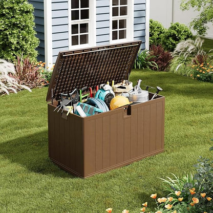 Garvee 130 gal Deck Box, Lockable Outdoor Storage Box with Lid, All-Weather Outdoor Storage Bin with Side Handles for Patio Furniture, Pool Accessories, Gardening Tool, Brown