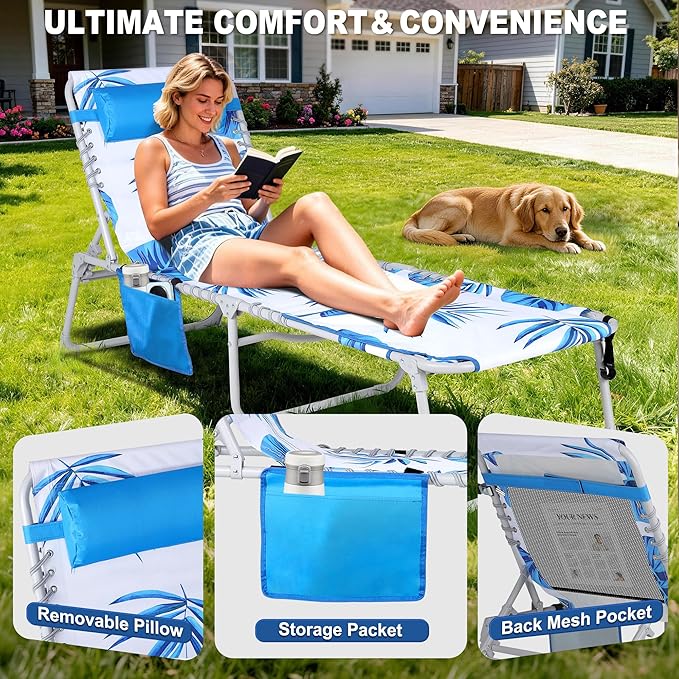 Luxfero 3-in-1 Beach Lounge Chair with Umbrella, Sun Tanning Chair with Face Hole&5-Position Recliner, Folding Lounge Chair Outdoor Lay Flat, Max 350lbs,Portable Tanning Chair with Pillow&Pocket-White