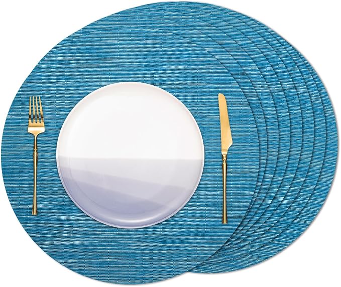 Round Placemats Set of 8 Heat Resistant Vinyl Placemats 15 inch Washable Non-Slip Table Mats Woven Place Mats for Dining Table (Blue, Set of 8)