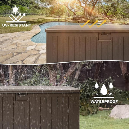 DWVO 260 Gallon Resin Outdoor Storage Box, XXL Double-Wall Waterproof Deck Box with Divider, Doubles as Table or Seating with 1000 lbs Capacity, Lockable (Brown)