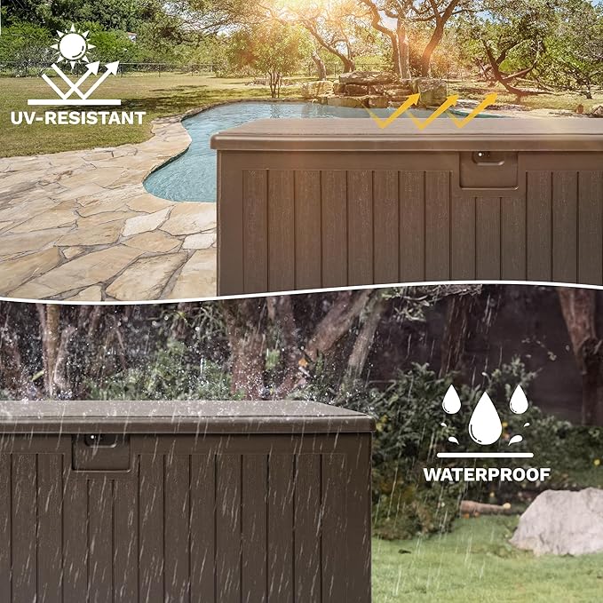 DWVO 260 Gallon Double-Wall Deck Box with Divider, XXL Extra Large Resin Outdoor Storage Box, Lockable & Waterproof, Double as Seating, 1000lbs Capacity (Brown)