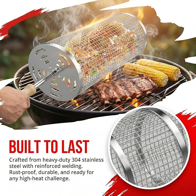 Rolling Grill Basket 2-Pack, Removable Wooden Handle, 304 Stainless Steel, BBQ Grill Accessories for Vegetables, Birthday Father Days for Dad, Husband, Men – Outdoor Kitchen Camping Grilling