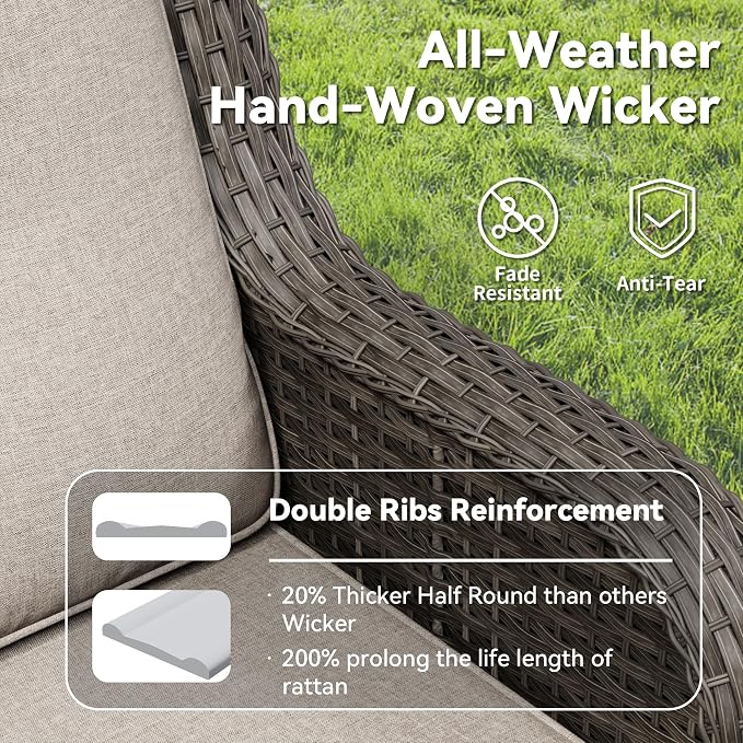 3 Seat Outdoor Couch, Wicker Patio Sofa with Thickened Olefin Cushions, High Back and Deep Seating, Hand-Woven PE Rattan for Porch, Deck, Balcony