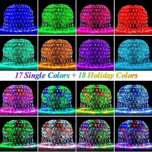 Pooqla RGB Net Lights, Color Changing Christmas Outdoor Mesh Lights, 9.8ft x 6.6ft 204 LED Net Light, Connectable Plug in Waterproof Tree Light Bushes Yard 4th of July Decoration