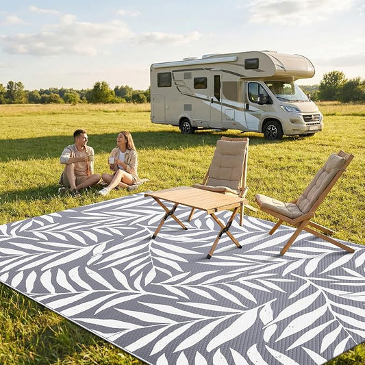 Smiry Outdoor Rug 5x8 ft Waterproof Reversible Leaf Mat, Grey & White | Polypropylene Plastic Straw, Quick Drying, Lightweight Foldable, for Patio, Deck, RV Camping, Backyard and Indoor Outdoor Use