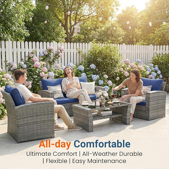 Wisteria Lane Patio Furniture Set, Wicker Outside Outdoor Furniture for All Weather, Patio Sofa with High Backrest Support and Wide Armrest for Backyard, Balcony, Deck, Porch, Dark Blue