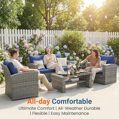 Wisteria Lane Patio Furniture Set, Wicker Outside Outdoor Furniture for All Weather, Patio Sofa with High Backrest Support and Wide Armrest for Backyard, Balcony, Deck, Porch, Dark Blue