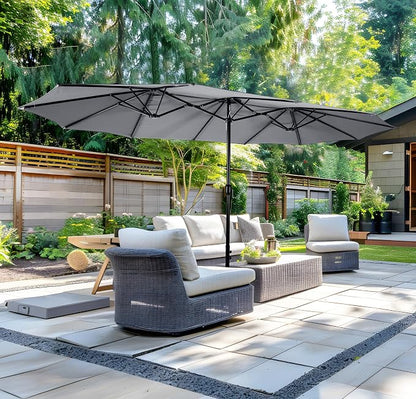 15ft Patio Umbrella with Base, 10-Year-No-Fade Large Outdoor Double-Sided Market Umbrella with UPF50+Terylene Polyester Fabric and Crank for Poolside Garden Deck Backyard Beach Pools