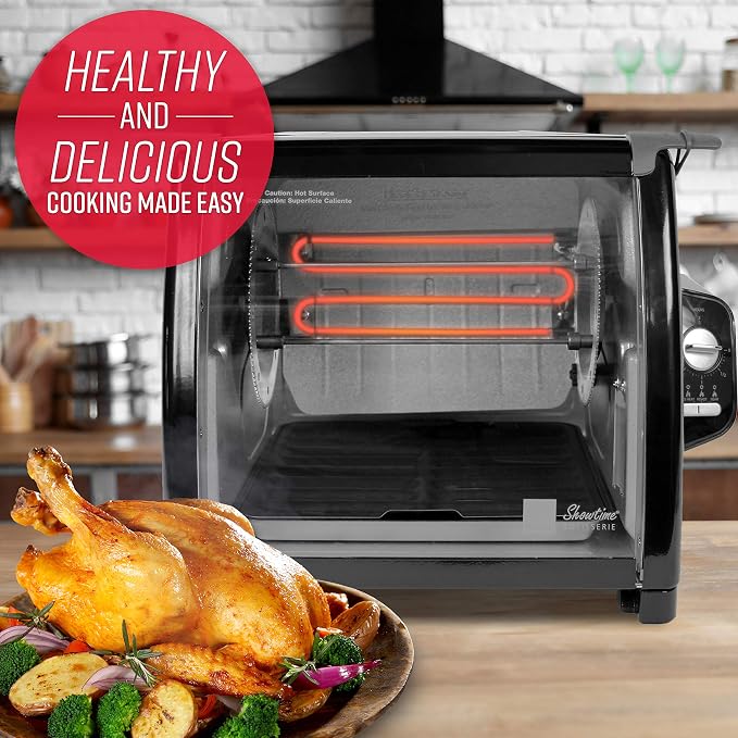 Ronco Showtime Large Capacity Rotisserie & BBQ Oven, Simple Switch Controls, Silicone Door Tie, Perfect Preset Rotation Speed, Self-Basting, Auto Shutoff, Includes Multipurpose Basket, black | Rotisserie chicken cooks perfectly, 3 functions - rotisseri...