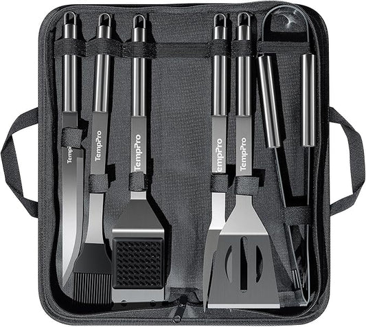 TempPro Grilling Accessories Grill Set with Spatula, Fork, Brush & Tongs, Heavy Duty Stainless Steel Grill Tools for Camping Burger, BBQ Accessories for Men Dad Him (Previously ThermoPro)