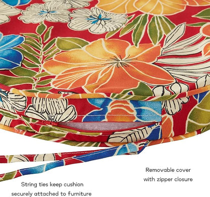 Set of 2 Outdoor 18 inch Round Patio Dining Chair Pads – Comfortable Fiber-Filled Seat Cushions with Ties, Reversible Polyester Fabric - Aloha Red Floral