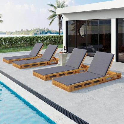 Merax Acacia Wood Chaise Lounge Chair Outdoor Set of 4, Patio Recliner with 4 Position Adjustable Backrest and 1.57" Thick Double-fold Cushion