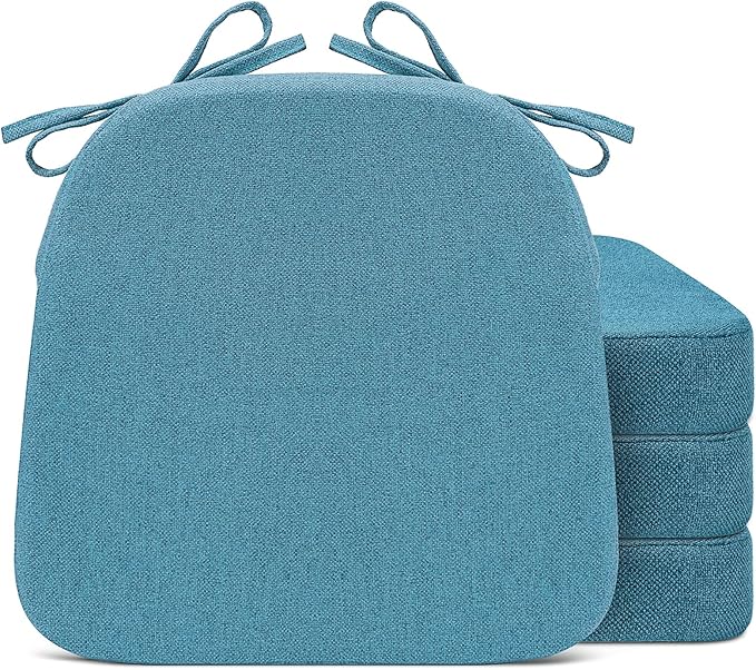 Sunsleek Chair Cushions for Dining Chairs, D-Shaped Seat Cushions with Removable Washable Cover and Ties, Chair Pads for Kitchen, Indoor Dining Room, Patio Chairs, 17'' x 16'', Set of 4, Blue