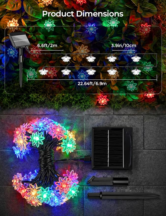 Brightown 50 LED Flower Solar String Lights Outdoor Waterproof, Multicolor Solar Powered Fairy Lights with 8 Lighting Modes for Garden Fence Yard Patio Christmas Tree Party Wedding Decor