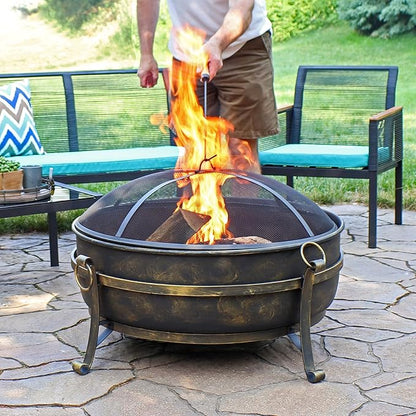 Sunnydaze 34-Inch Steel Large Fire Pit for Outside - Wood-Burning Fire Pit Bowl for Outdoors with Spark Screen, Log Poker, and Grate