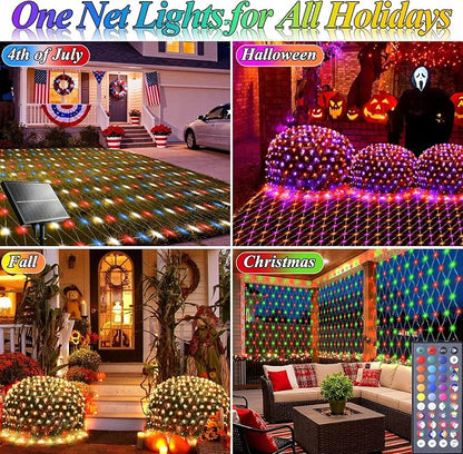 4ft x 8ft Solar Net Lights, 104LED 34 Colors Changing Christmas Net Lights Solar & USB Powered, Waterproof Mesh String Lights Green Wire for Bushes Lawn Garden Xmas Holiday Party Outdoor Decor