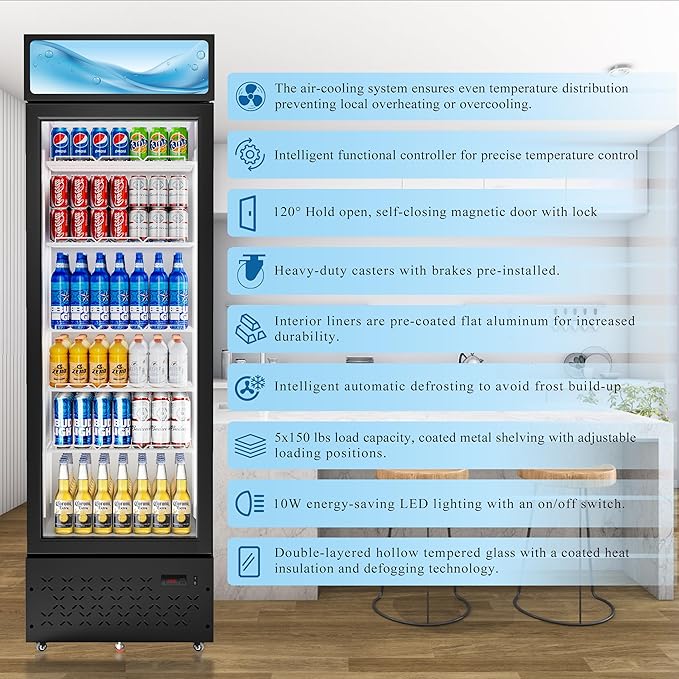 Beverage Cooler Commercial Refrigerator 10 Cu.Ft. Glass Door Display Refrigerator with LED Light, 5 Shelves, Display Commercial Beverage Refrigeratorfor Restaurant Cafe Bar Store (10 Cu.Ft.)