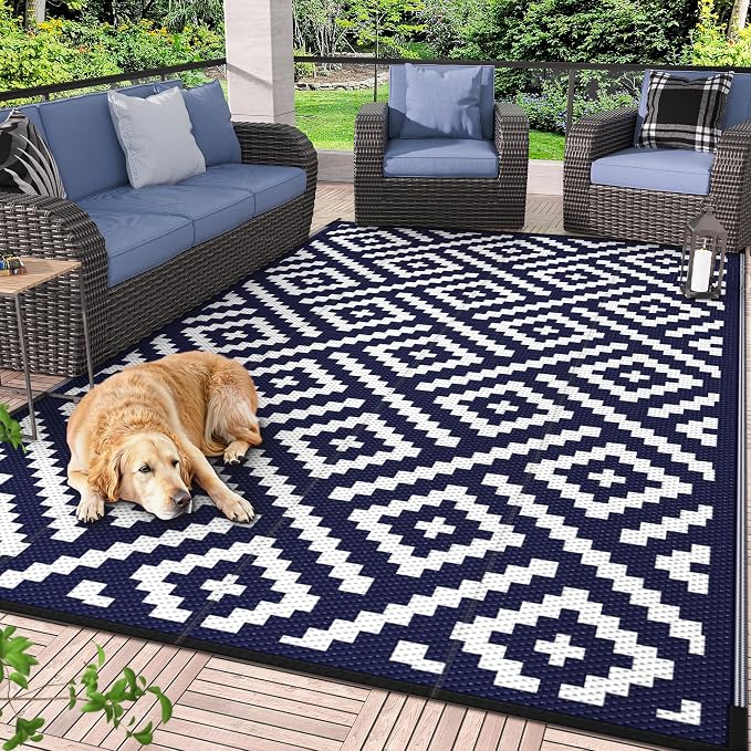 GENIMO Outdoor Rug, Waterproof Plastic Rugs for Patio, 6'x9' Blue White | Outside Larger Modern Carpet Mat for Porch Decor, Deck, Balcony, Camping, RV, Backyard, Picnic, Beach, Reversible, Foldable
