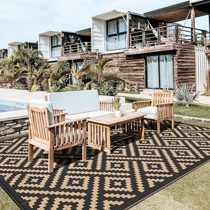 GENIMO Outdoor Rug, Waterproof Plastic Rugs 10'x14' for Camping Black Brown | Outside Larger Modern Carpet Mat for Patio Decor, RV, Porch, Camper, Deck, Picnic, Beach, Backyard, Reversible, Foldable