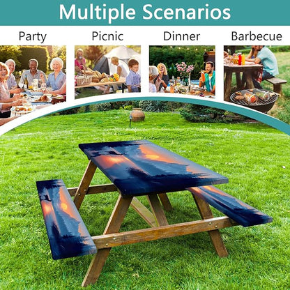 3 PCS Picnic Table Cover with Bench Covers & Storage Bag, Waterproof Fitted Camping Tablecloth with Elastic, 30x72 Inch, Sunset Mountain Lake Deer Forest Print, Indoor Outdoor Patio RV Party Table