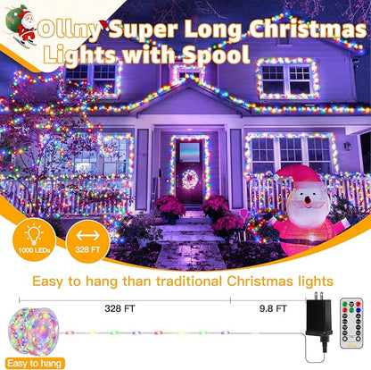 Ollny Outdoor Christmas Lights 1000LED 328FT, Multicolor Fairy Lights IP67 Waterproof, Plug in String Light with Remote 8 Modes Timer, Xmas Light for Outside Indoor House Tree Decorations