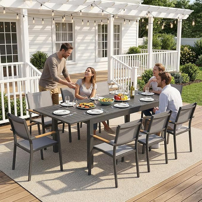 RoyalCraft Aluminum Outdoor Patio Table and Chairs Set with 91.7" L-62 L Expandable Dining Table, 9-Pieces Patio Furniture Set for 8, Outdoor Dining Set with Stackable Quick Drying Chairs, Grey