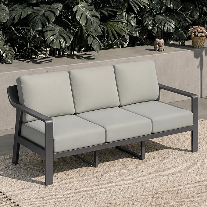 KISLOT Aluminum Outdoor Patio Furniture Loveseat,3 Seater Outside Patio Sofa with Washable Thick Cushion, Patio Sofa Couch for Porch, Balcony, Deck, Yard,Gray Aluminum Frame