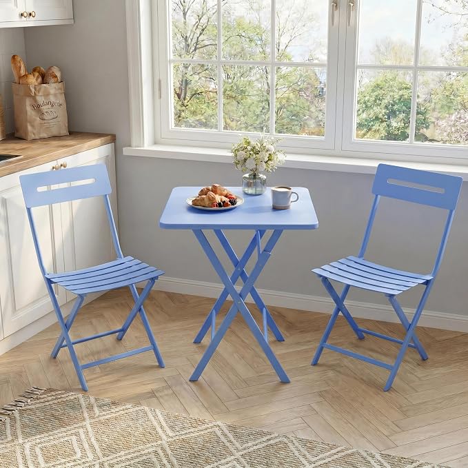 Garvee 3PCS Bistro Set, Folding Patio Furniture Set w/ 2 Chairs,Solid Steel | Foldable space-saving bistro set, fully pre-assembled for instant use. Powder-coated weatherproof steel frame. Easy-clean