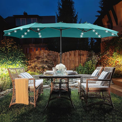 15ft Patio Umbrella with Solar lights & Base, Large Umbrellas, Turquoise | HERA'S PALACE Rectangle Double Market Umbrella with 36 LED Lights, Big Outdoor Umbrellas for Pool Picnic Inground Yard Deck