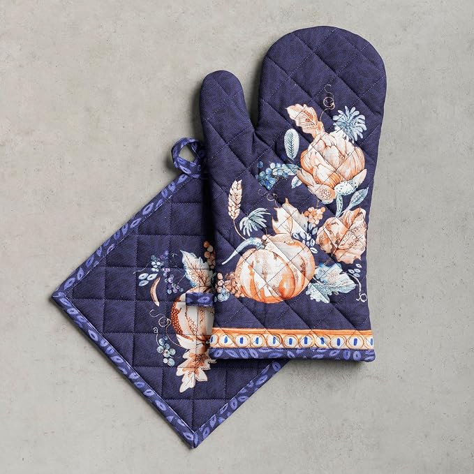 Maison d' Hermine 100% Cotton Oven Mitt & Pot Holder Set (7.5"x13" & 8"x8") | Heat Resistant BBQ Cooking Gloves with Loop Baking Grilling Kitchen Home Farmhouse Thanksgiving Christmas - Pumpkin Blues