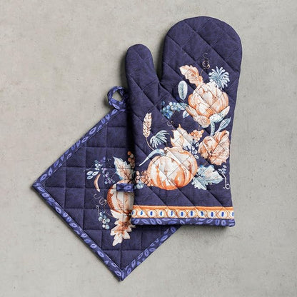 Maison d' Hermine 100% Cotton Oven Mitt & Pot Holder Set (7.5"x13" & 8"x8") | Heat Resistant BBQ Cooking Gloves with Loop Baking Grilling Kitchen Home Farmhouse Thanksgiving Christmas - Pumpkin Blues
