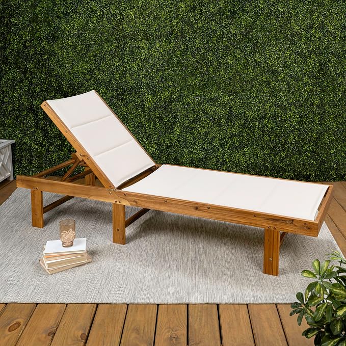 JONATHAN Y Lagunan 23.62" x 77.17" Acacia 5-Position Chair, White/Natural | Modern Coastal Reclining Patio Lounger, Foldable, Teak Oil Finish, 350lb Capacity, Breathable Mesh Sling Seat, Armless Design
