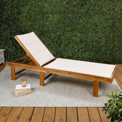 JONATHAN Y Lagunan 23.62" x 77.17" Acacia 5-Position Chair, White/Natural | Modern Coastal Reclining Patio Lounger, Foldable, Teak Oil Finish, 350lb Capacity, Breathable Mesh Sling Seat, Armless Design