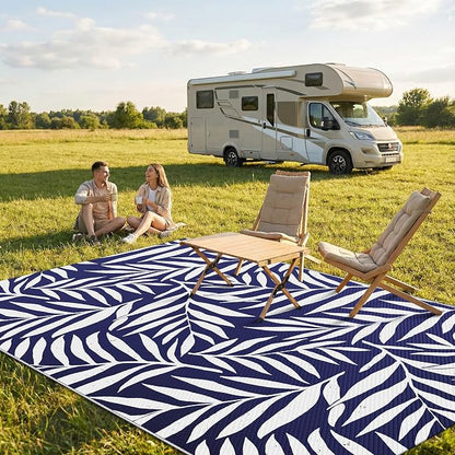 Smiry Outdoor Rug 5x8 ft Waterproof Reversible Leaf Mat, Navy & White | Polypropylene Plastic Straw, Quick Drying, Lightweight Foldable, for Patio, Deck, RV Camping, Backyard and Indoor Outdoor Use