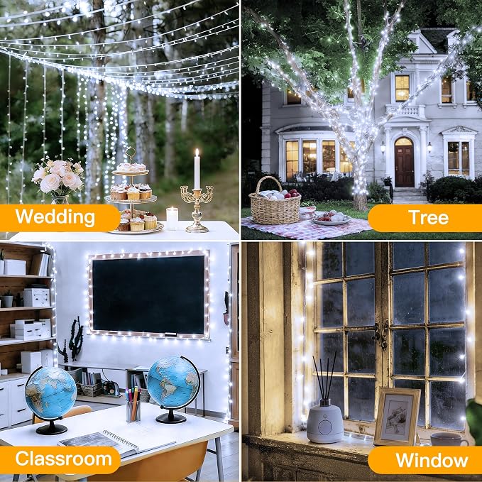 Ollny Christmas Lights 200LED 60FT Indoor, Cool White Connectable Plug in String Light Outdoor, 8 Modes Waterproof Timer LED Fairy Lights for House Outside Bedroom Patio Balcony