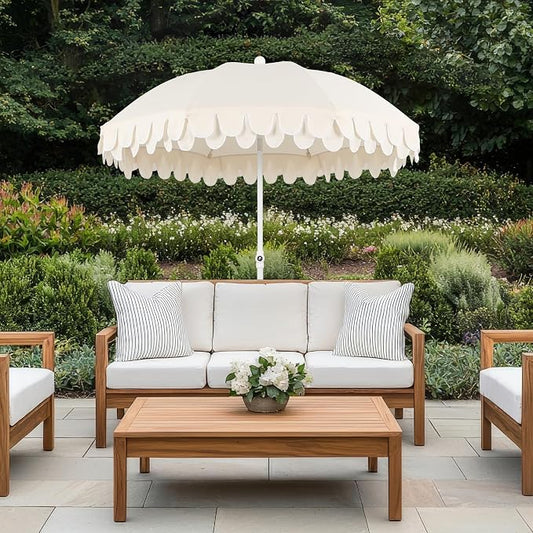 JONATHAN Y Horizon 6.5 ft. Scalloped Fringe Beach Umbrella, Cream | UV 50 Sun Protection, Push Button Tilt, Matching Carry Bag, White Iron Pole, Wind Vent, 8 Fiberglass Ribs, Pointed End